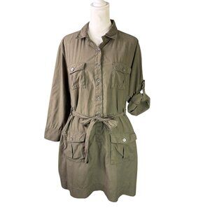 J Crew 14 Silk Cotton Safari Utility Shirt Dress Tie Waist Brown Pockets